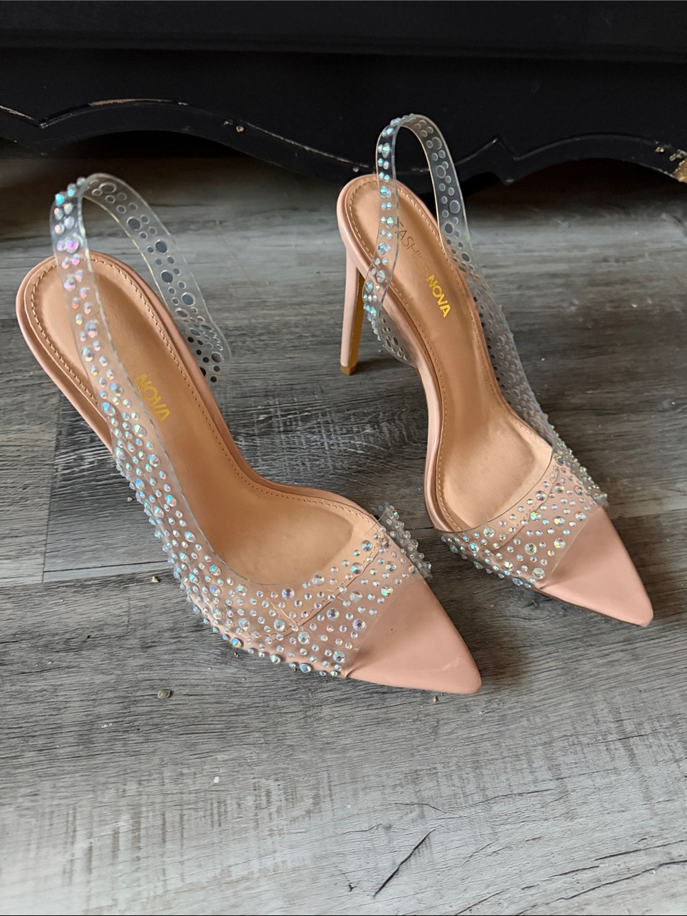 Fashion Nova Blush Pink Crystal Slingback Pointed Heels